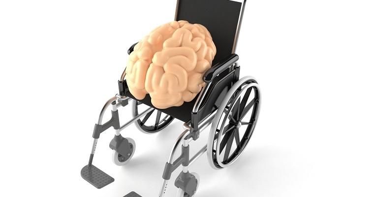 Rysunek ludzkiego mózgu, który leży na wózku inwalidzkim