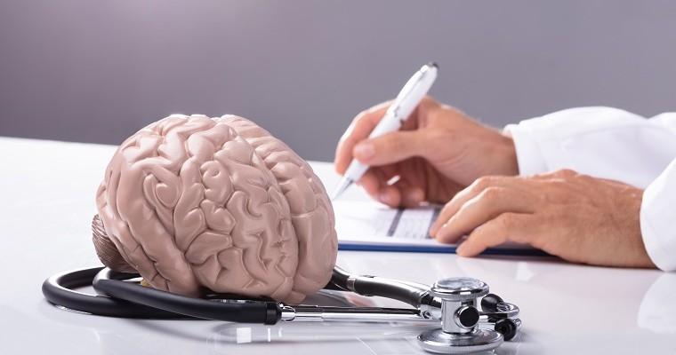 Lekarz siedzi przy biurku i opisuje budowę mózgu. 