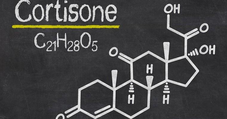 Czarna tablica na niej biały napis cortizon oraz budowa chemiczna kortyzonu 