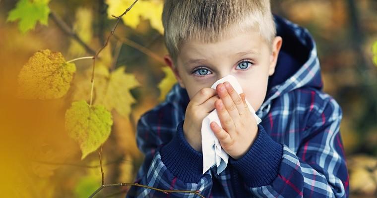 mały chłopiec dmucha nos w tle widać jesienne liście 